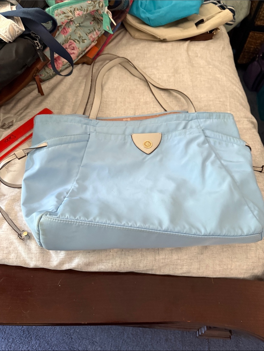Anne Klein Light Blue Tote with Beige Trim
